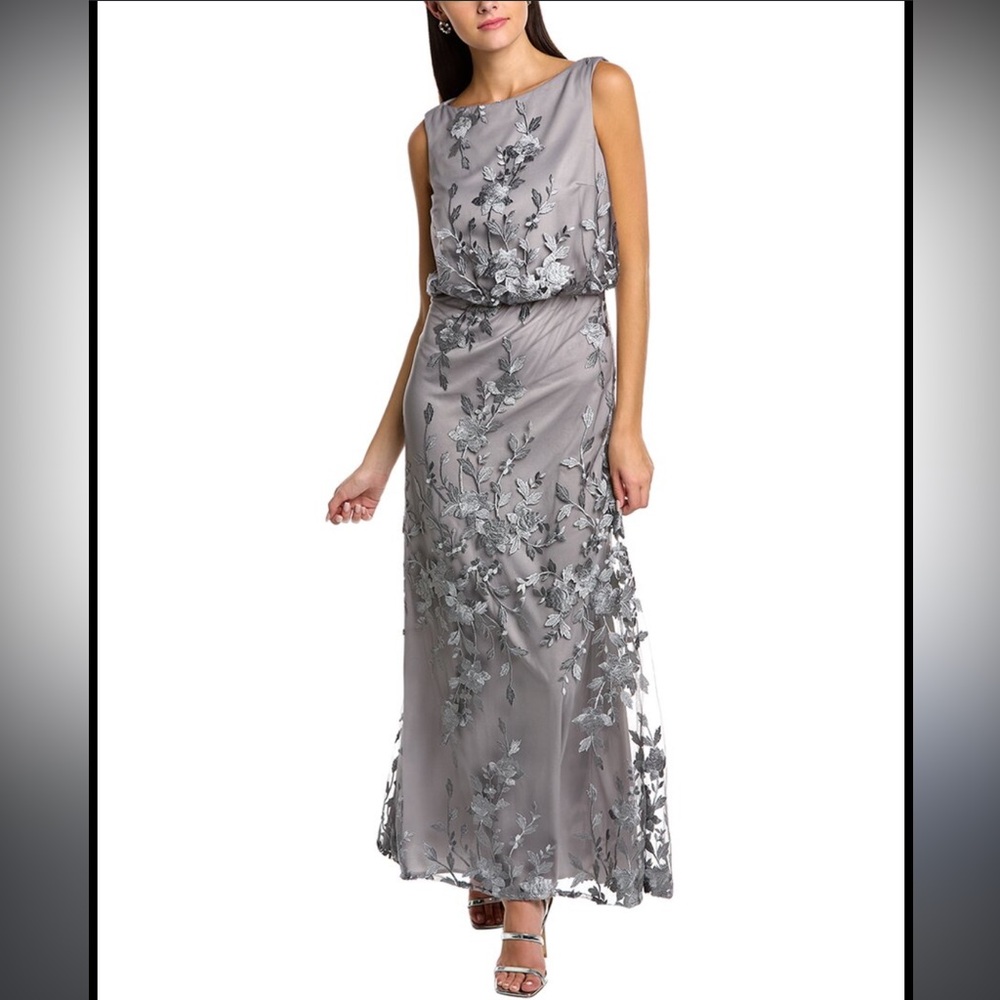 JS Collection Pewter floral embroidered gown. Size 4